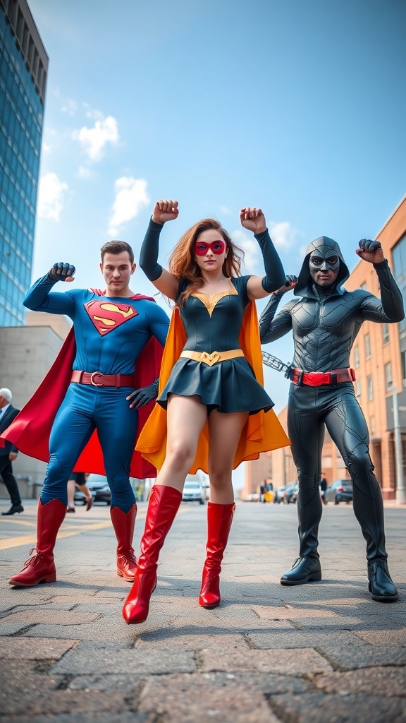 A trio of superheroes: a male Captain in blue and red, a female Sidekick in a black dress with red boots, and a male Villain in a black suit.
