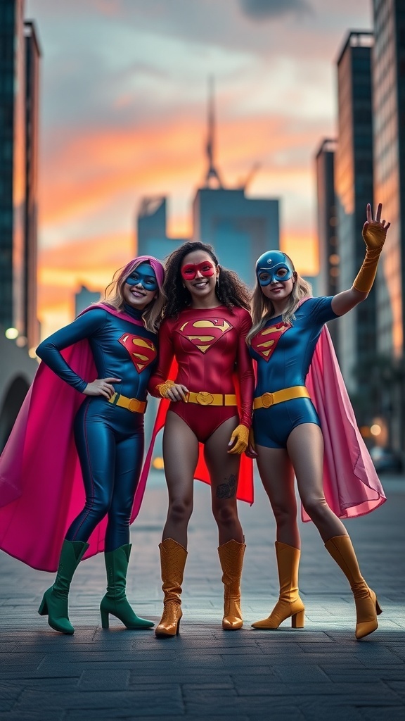 Three women dressed in colorful superhero costumes posing together in a city setting during sunset.