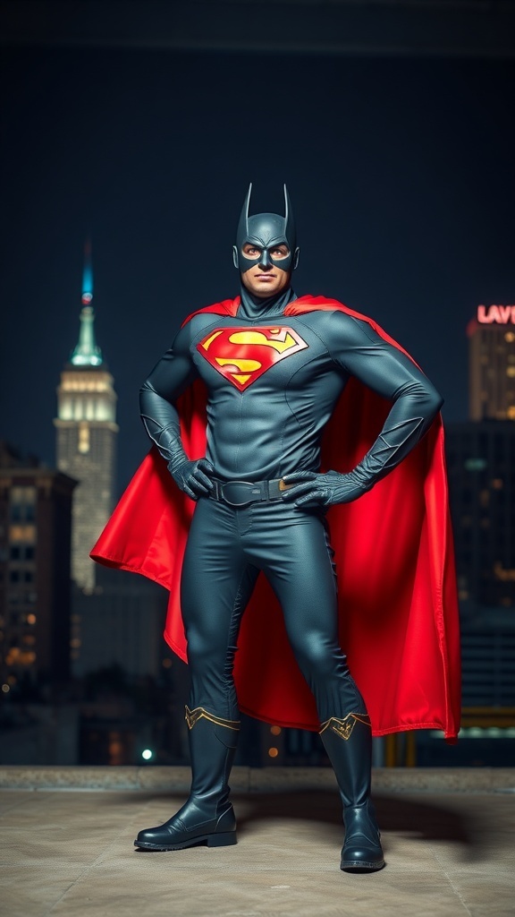A person dressed as a superhero in a dark costume with a red cape, standing against a city skyline at night.