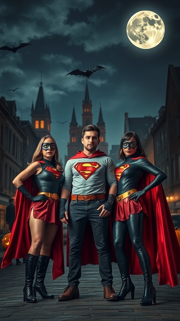 Tres personas disfrazadas de superhéroes, dos mujeres y un hombre, en una noche de Halloween con luna llena y murciélagos.