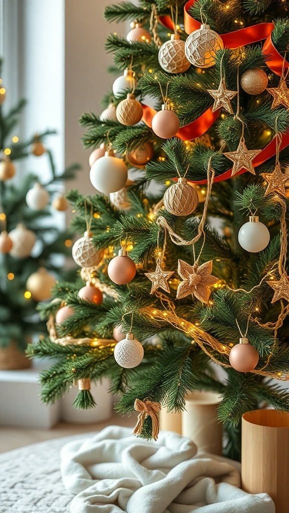 A decorated Christmas tree with natural ornaments and warm lights.
