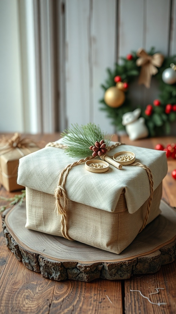 A beautifully wrapped gift in neutral fabric with natural decorations, placed on a wooden slice, with a festive wreath in the background.