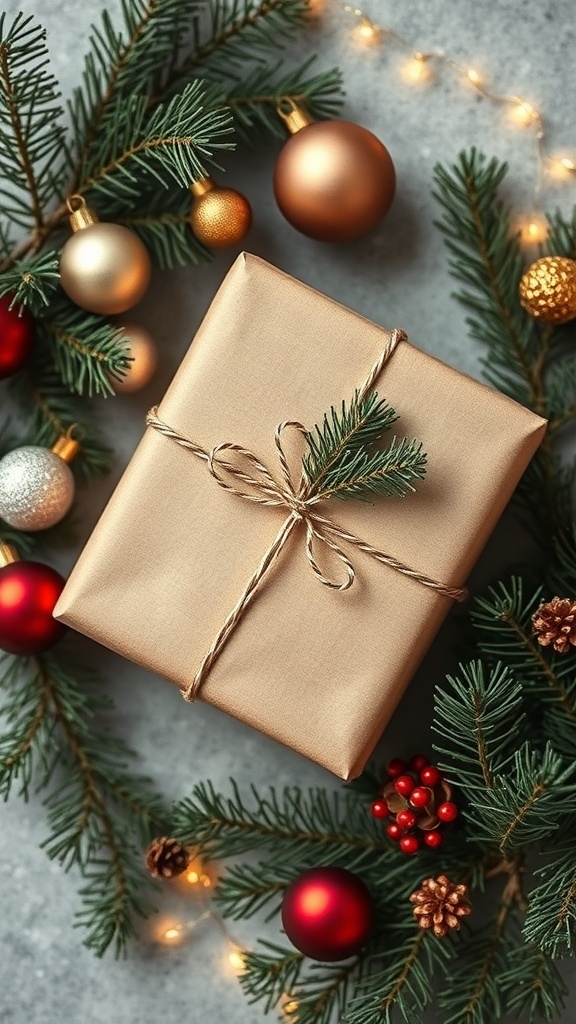 A beautifully wrapped gift with brown paper and twine, surrounded by festive decorations like ornaments and greenery.