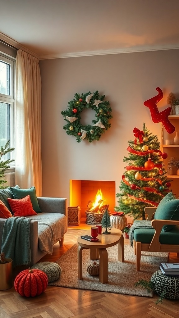 Cozy living room decorated for Christmas with a tree, wreath, and warm lighting.