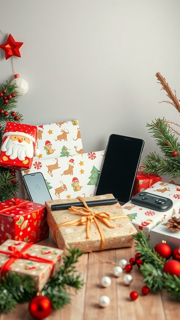 A festive arrangement of Christmas gifts including tech gadgets, surrounded by holiday decorations.