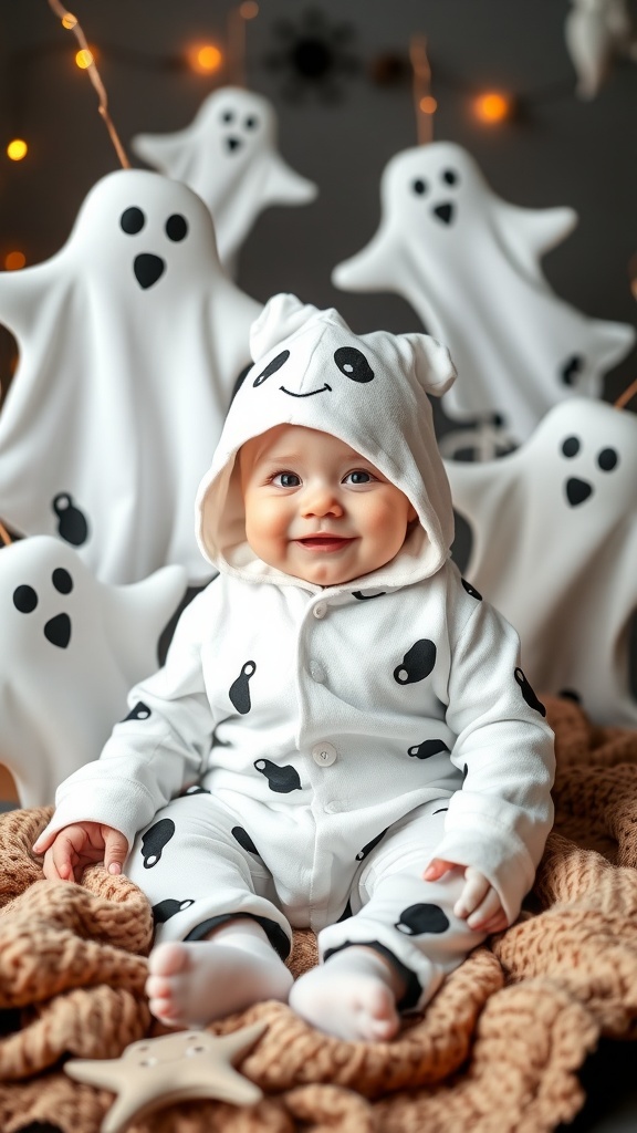 A baby in ghost pajamas with a hood, surrounded by ghost decorations.