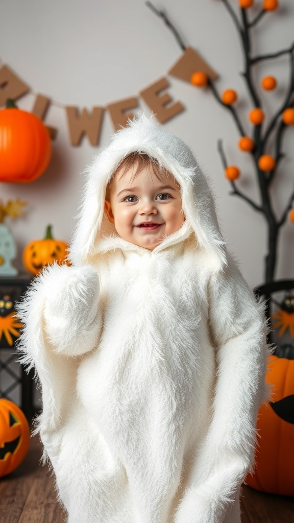 A baby girl in a fluffy white ghost costume, smiling with pumpkins and Halloween decorations in the background.