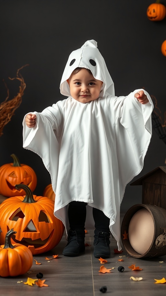 A baby girl in a white ghost costume with a hood, smiling among pumpkins and autumn leaves.