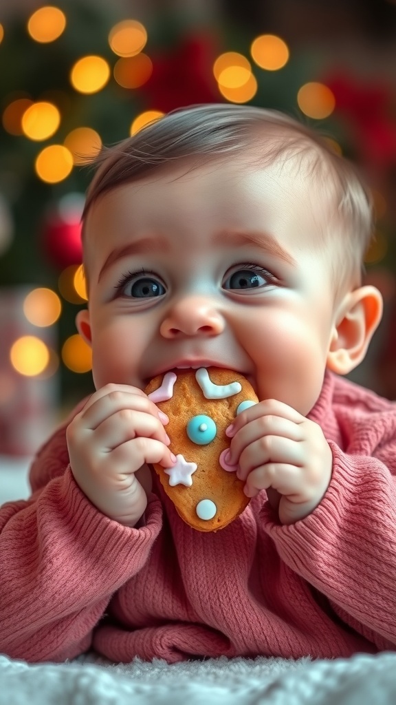 An eight-month-old baby smiling and holding a decorated gingerbread cookie, with Christmas lights in the background.