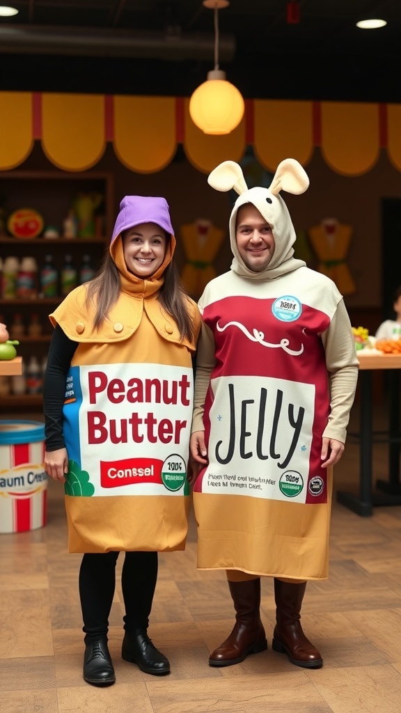 A couple dressed in peanut butter and jelly costumes, smiling and posing together.