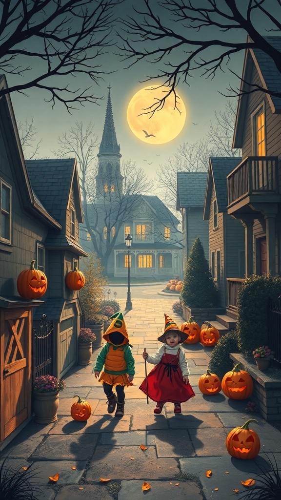 Two children in costumes walking down a Halloween-themed street with pumpkins and a full moon.