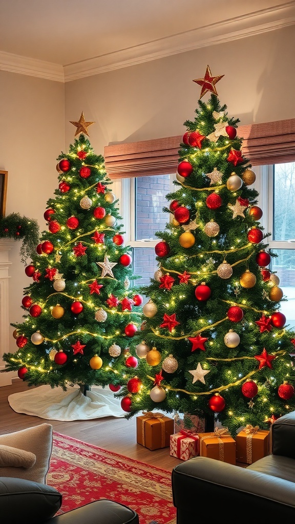 Two beautifully decorated Christmas trees with red, gold, and silver ornaments, standing side by side in a cozy living room.