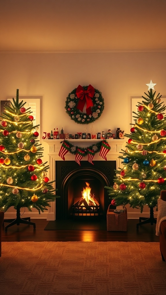 Two Christmas trees arranged symmetrically in a living room with a fireplace and festive decorations.