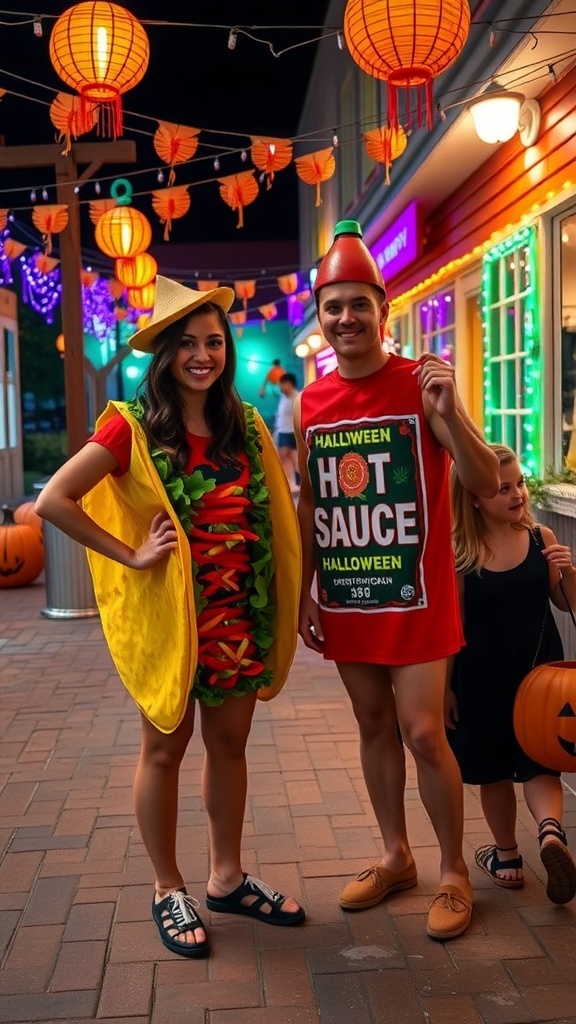 Two friends dressed as a taco and hot sauce for Halloween, with festive decorations in the background.
