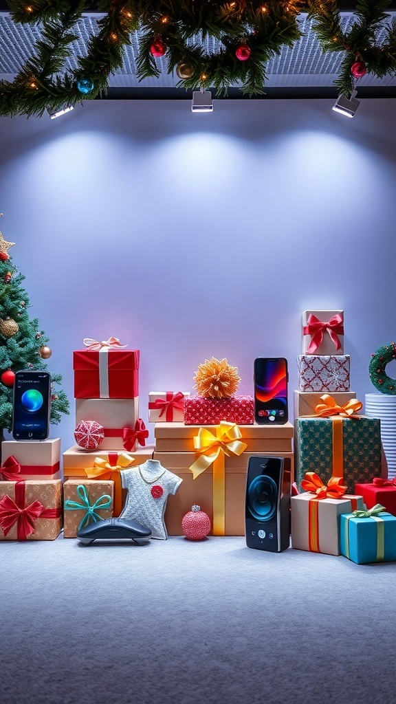 A festive display of wrapped gifts and tech gadgets for Christmas 2025.
