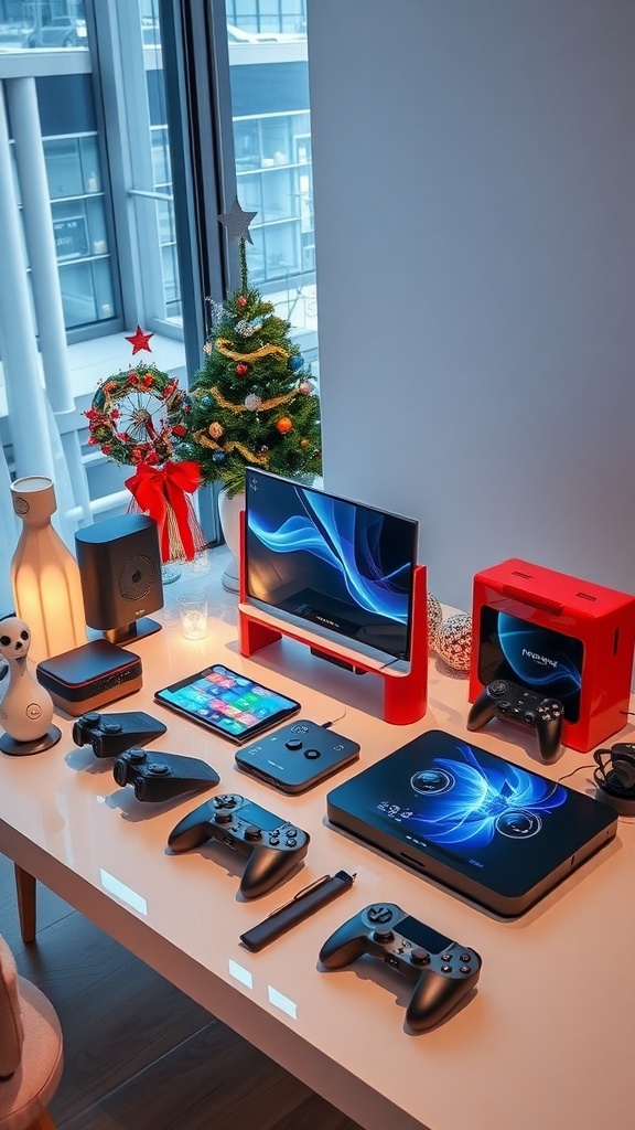 A modern tech setup featuring a monitor, gaming consoles, controllers, and a small Christmas tree.
