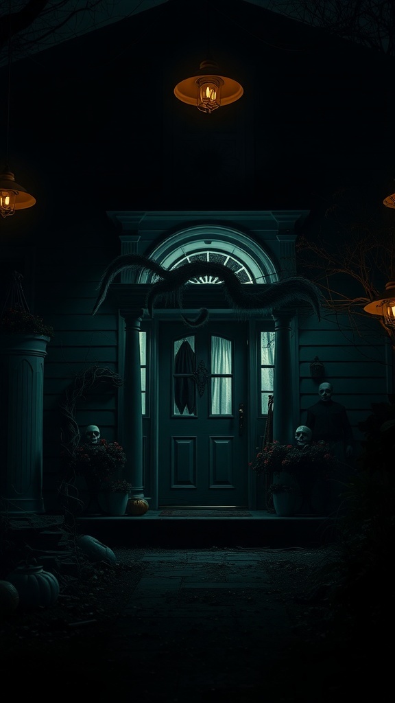 A spooky haunted house entrance with dim lighting, skull decorations, and eerie figures.