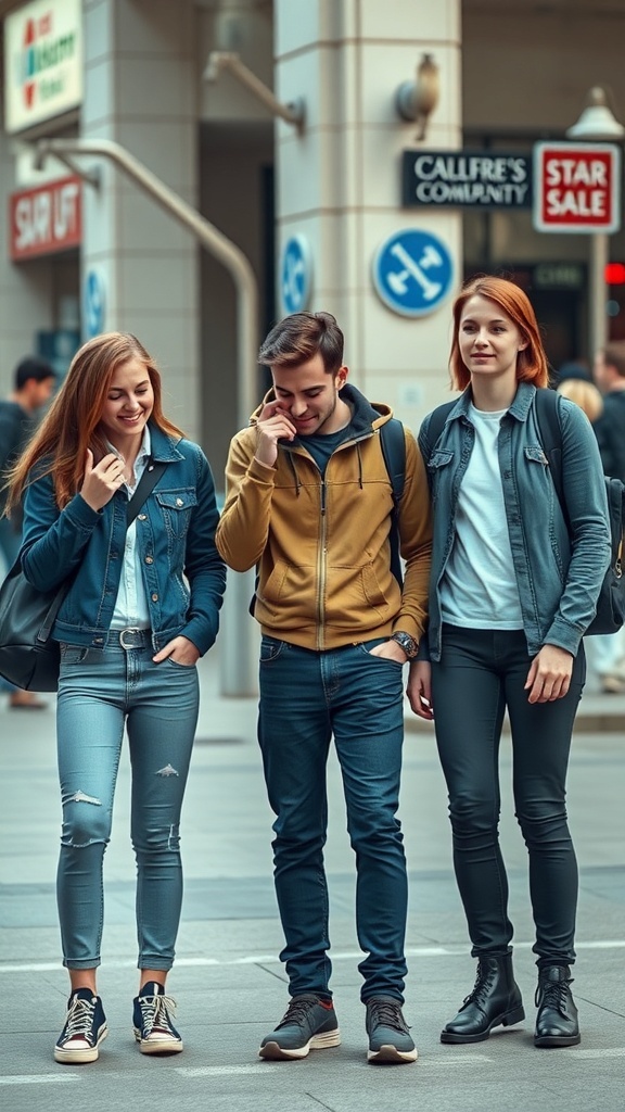 Three friends posing together, one looking at a phone while the others smile.