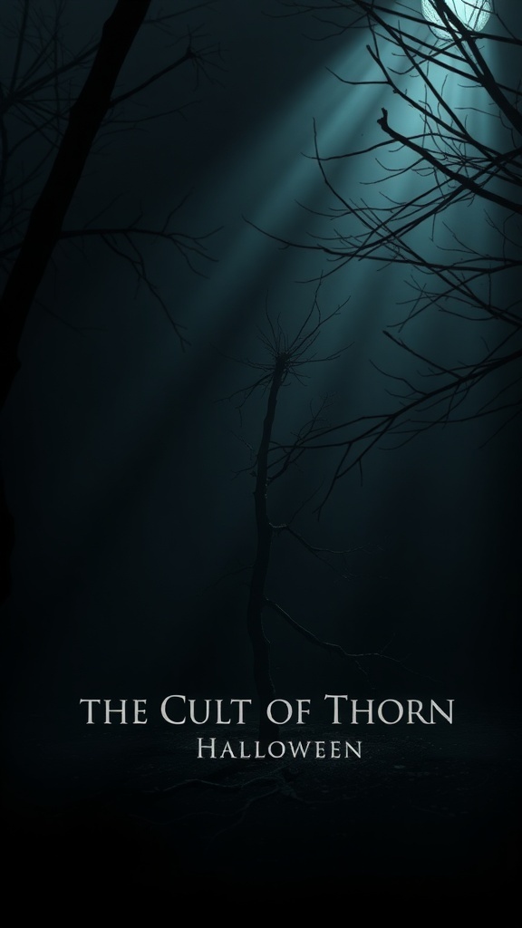 Dark forest scene with the text 'The Cult of Thorn Halloween' overlayed