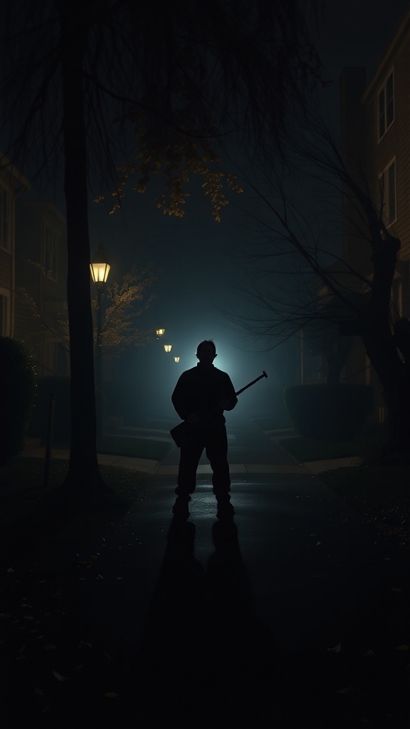 A shadowy figure resembling Michael Myers stands on a dark street, illuminated by street lamps and fog.