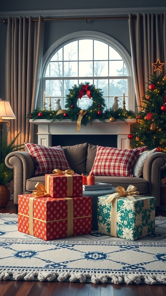 A cozy living room decorated for Christmas with a couch, a fireplace, a Christmas tree, and wrapped gifts.