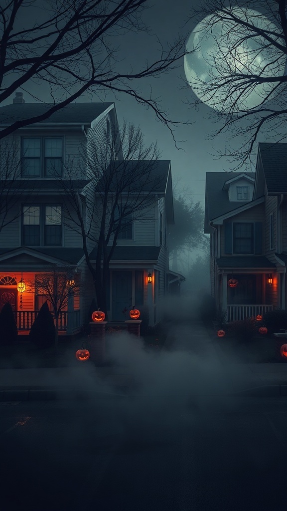 A spooky Halloween night scene in a quiet neighborhood with jack-o'-lanterns and a full moon.