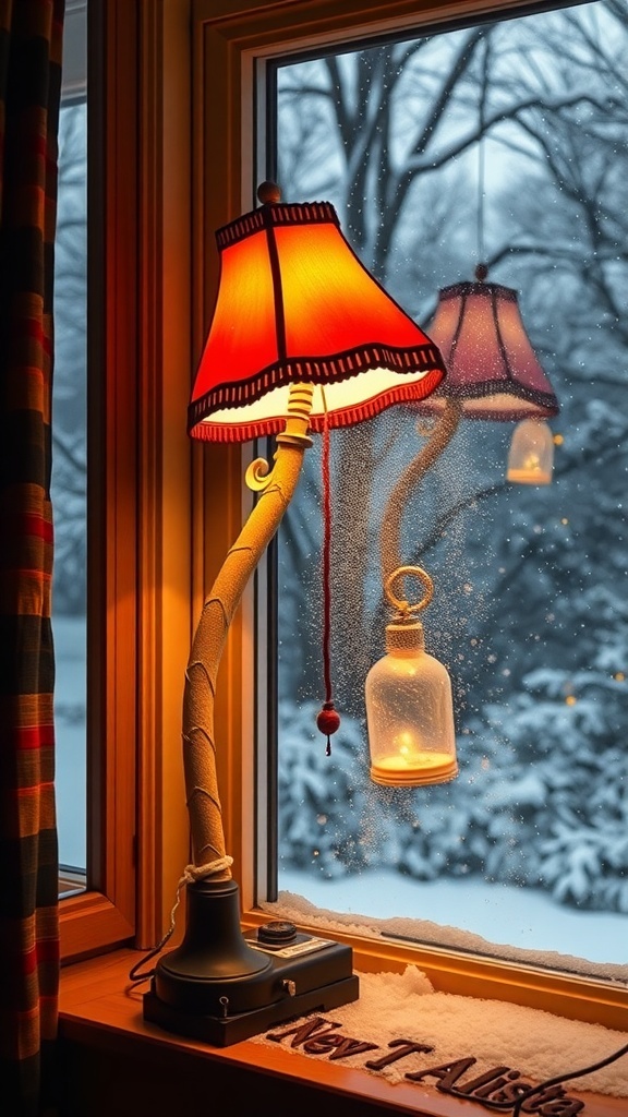 A leg lamp with a fringed lampshade, sitting on a windowsill, with snow visible outside.