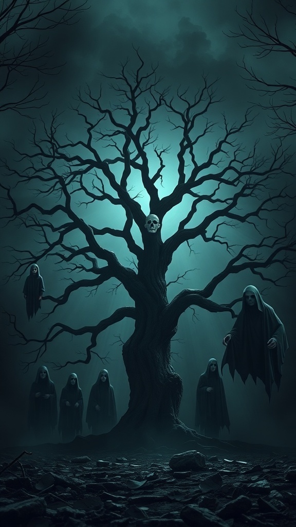 A dark, twisted tree with a skull and shadowy figures, representing the curse in Halloween 6.