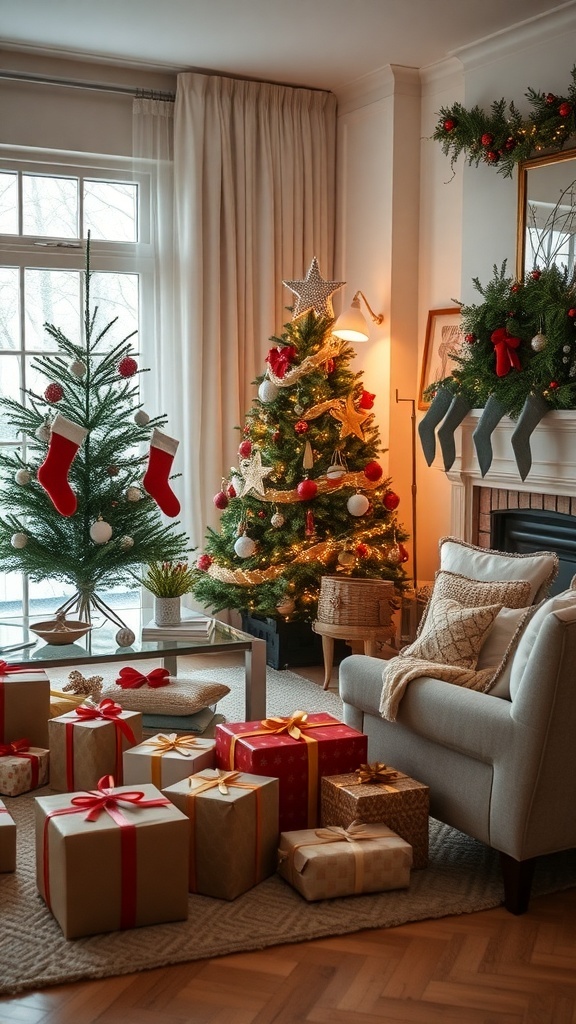 A cozy living room decorated for Christmas with two trees and wrapped gifts.
