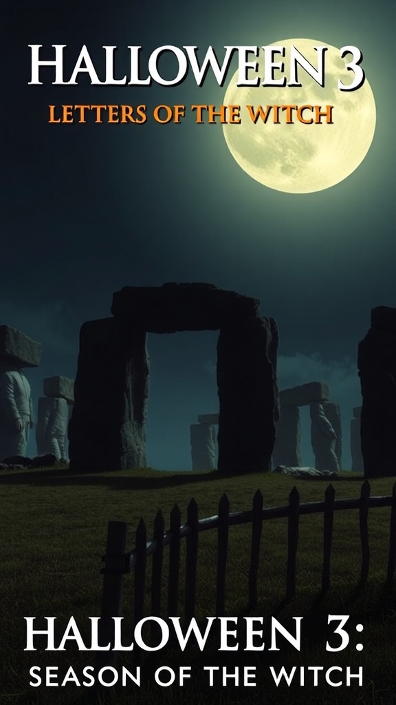 A haunting view of Stonehenge under a full moon, representing the mysterious connection in Halloween 3: Season of the Witch.