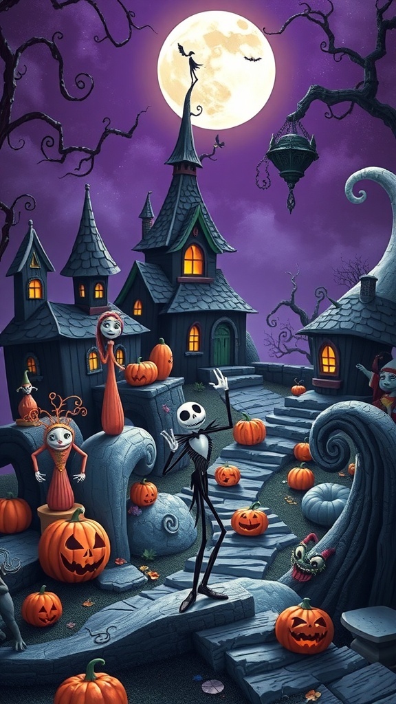 A whimsical scene from The Nightmare Before Christmas featuring Jack Skellington in Halloween Town with pumpkins and a full moon.