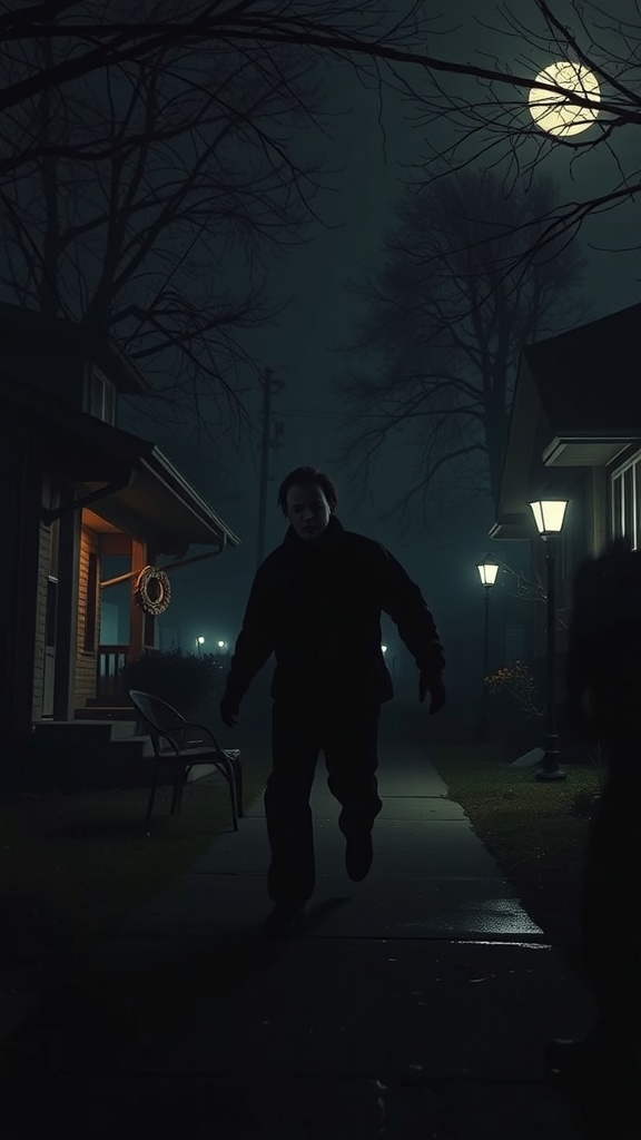 Michael Myers walking down a dark suburban street under a full moon