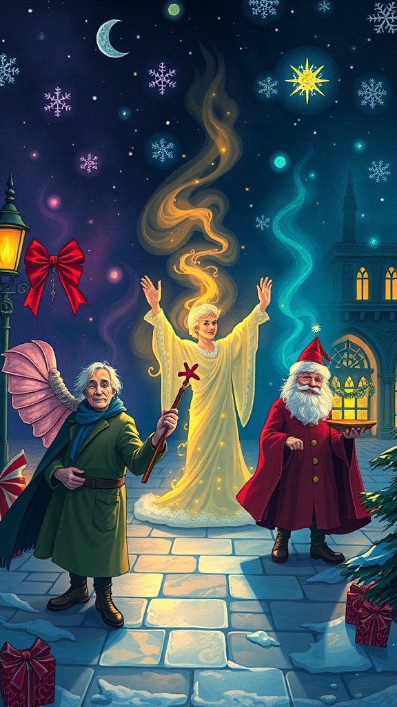 An illustration of the three ghosts from A Christmas Carol: the Ghost of Christmas Past, the Ghost of Christmas Present, and the Ghost of Christmas Yet to Come, set against a snowy night sky.