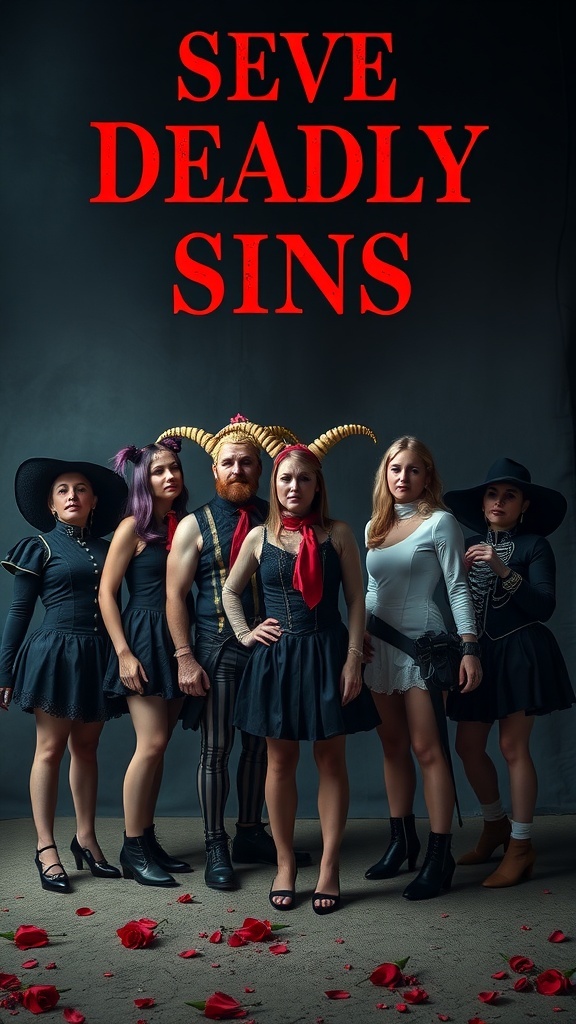 A group of seven people dressed as the Seven Deadly Sins for Halloween, with the title 'SEVEN DEADLY SINS' in bold red letters.