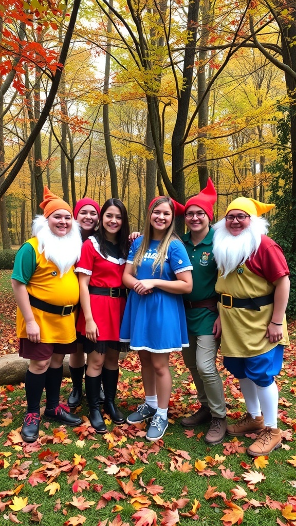 A group of six people dressed as the Seven Dwarfs and Snow White, standing in a colorful autumn setting.