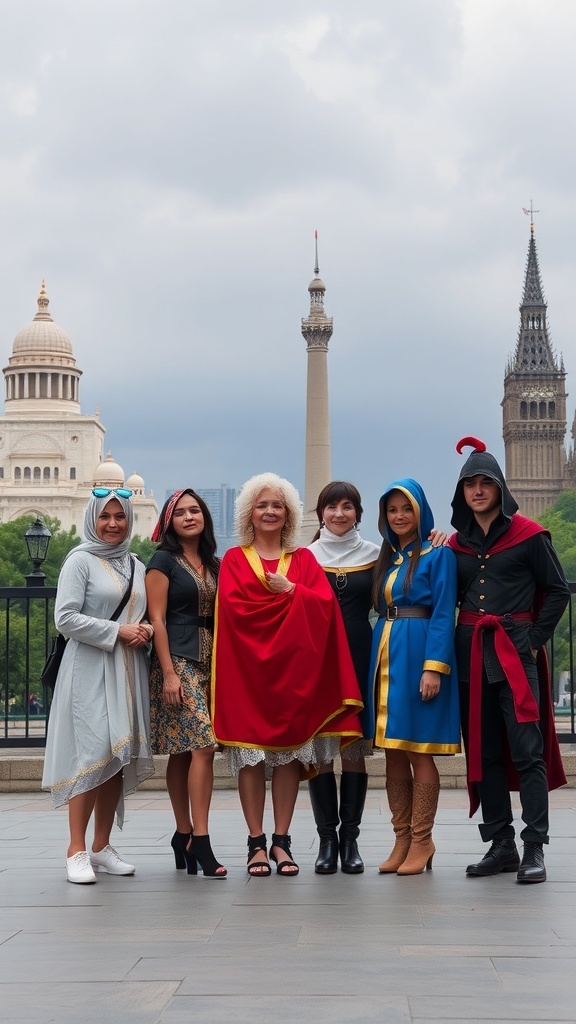 A group of seven people dressed in costumes representing the Seven Wonders of the World.