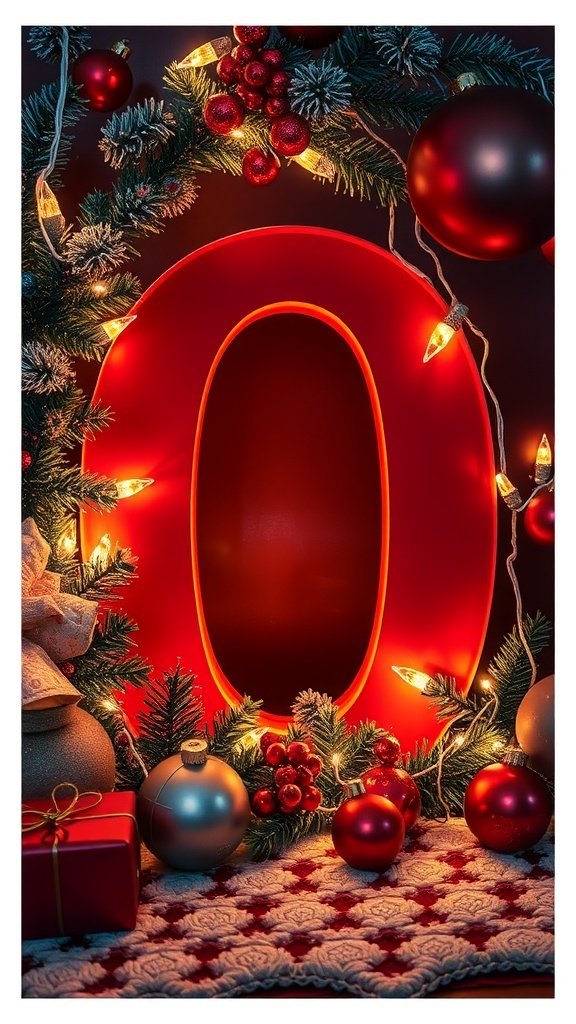A glowing red '0' surrounded by Christmas decorations, including ornaments and lights.