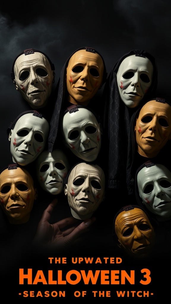A collection of sinister masks from Halloween 3: Season of the Witch, featuring various designs and expressions.