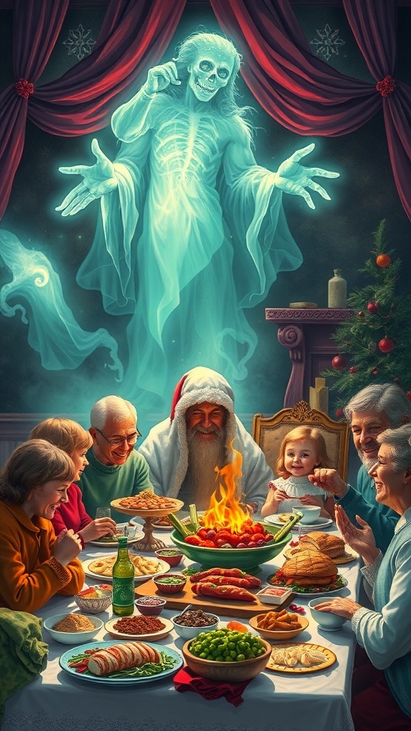 A festive gathering with Santa and family around a table filled with food, illuminated by a ghostly figure in the background.