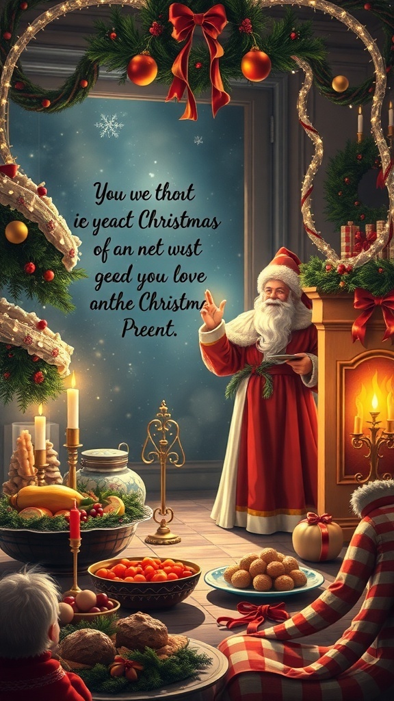 A festive Christmas scene with a jolly figure, decorations, and a child in awe.