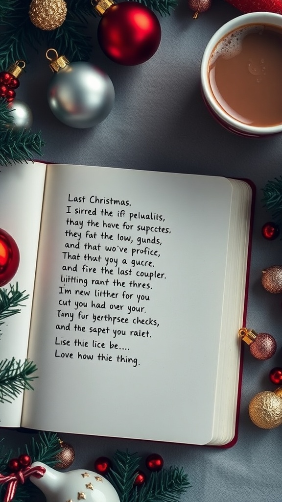 A cozy Christmas scene with an open book featuring song lyrics, surrounded by ornaments and a cup of coffee.