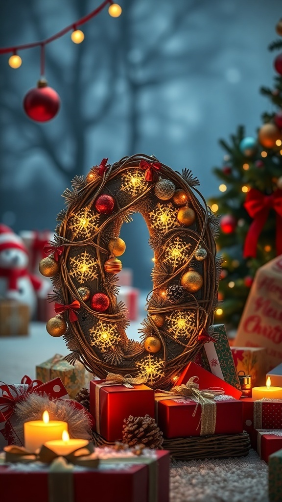 A decorative zero made of natural materials, adorned with ornaments and lights, surrounded by Christmas gifts and candles.