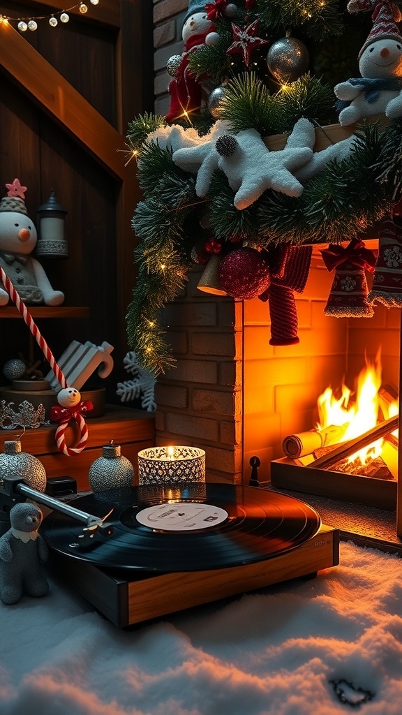 A cozy Christmas scene with a record player, festive decorations, and a warm fireplace.