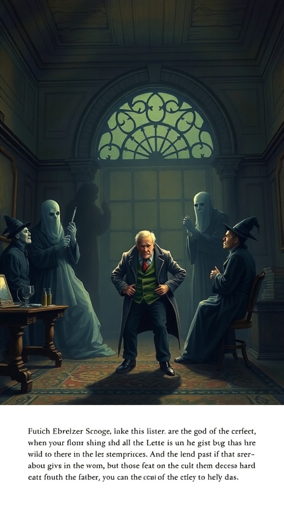 Ebenezer Scrooge confronted by three spirits in a dimly lit room.