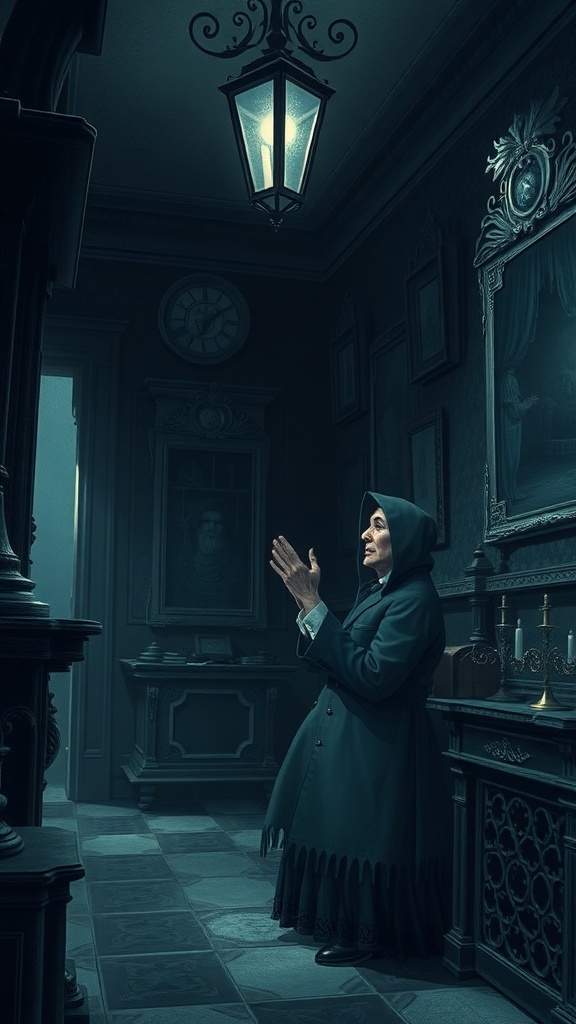 A reflective character in a dimly lit room, symbolizing introspection and transformation.