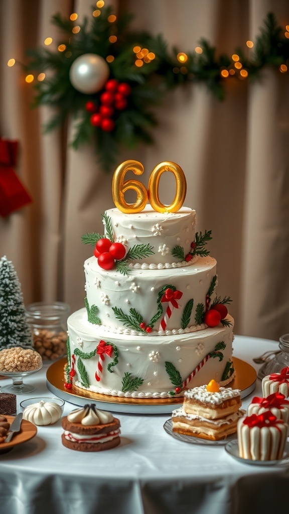 A beautifully decorated three-tier cake for a 60th birthday party, featuring festive decorations and a golden '60' on top.