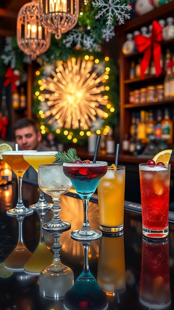 A variety of colorful cocktails displayed on a bar, decorated for Christmas with festive lights and ornaments.