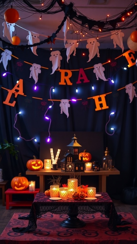A Halloween-themed party setup featuring ghost decorations, pumpkins, and colorful lights.