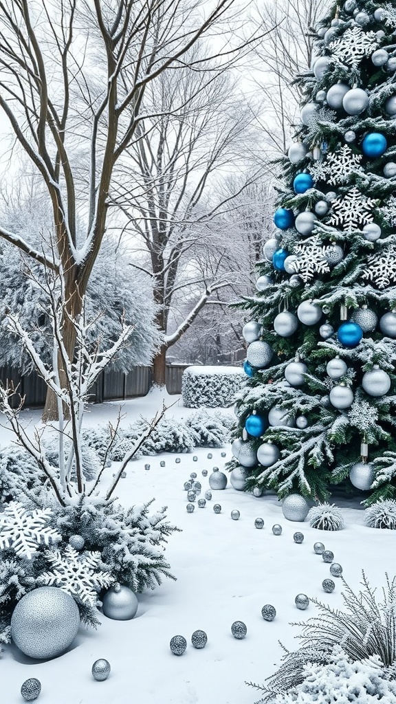 A snowy yard featuring a decorated Christmas tree with silver and blue ornaments, surrounded by snow-covered bushes and ornaments on the ground.