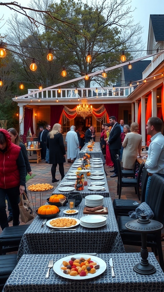 An outdoor Halloween-themed party with a long table set for guests, decorated with pumpkins and string lights.